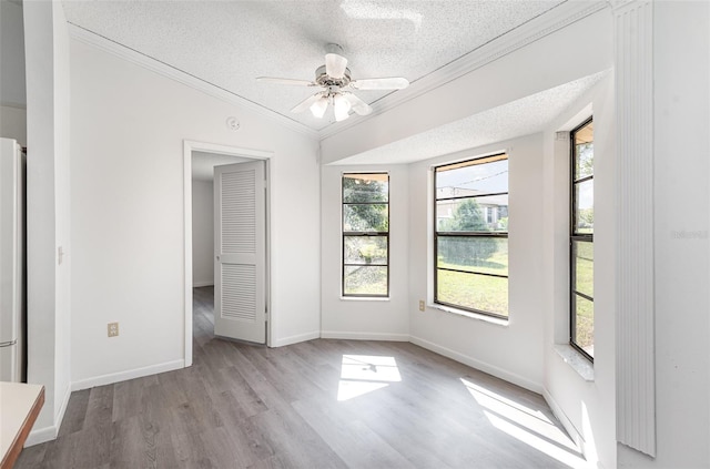 spare room with a textured ceiling, light wood-type flooring, vaulted ceiling, and ceiling fan