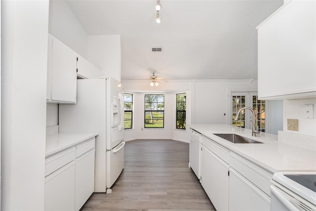 3186 Mapleshade St, Deltona, FL 32738 - kitchen with a sink, white appliances, a ceiling fan, light countertops, and a textured ceiling