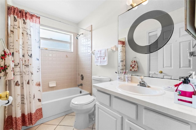 full bathroom with tile patterned flooring, shower / bath combo, vanity, and toilet