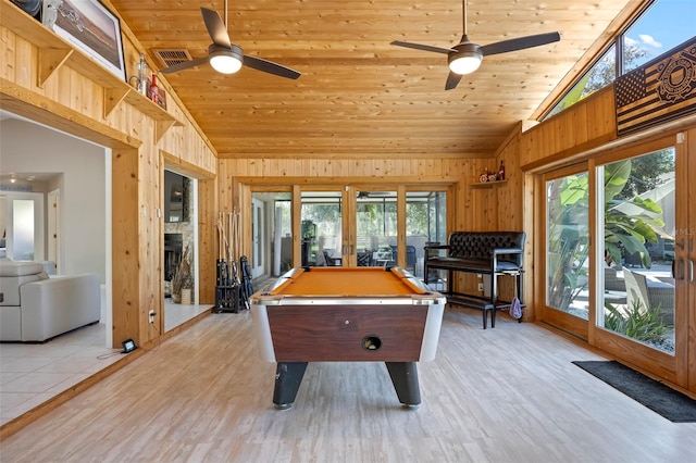 game room with french doors, billiards, light wood-type flooring, and ceiling fan