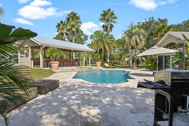 view of swimming pool with a patio, a grill, and an outdoor bar