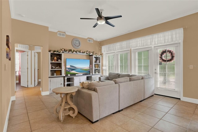 tiled living room featuring crown molding and ceiling fan