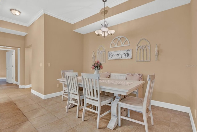 tiled dining room with crown molding and a notable chandelier