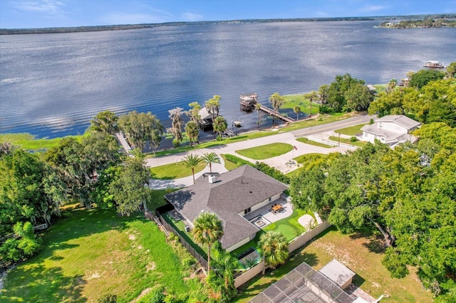 drone / aerial view with a water view