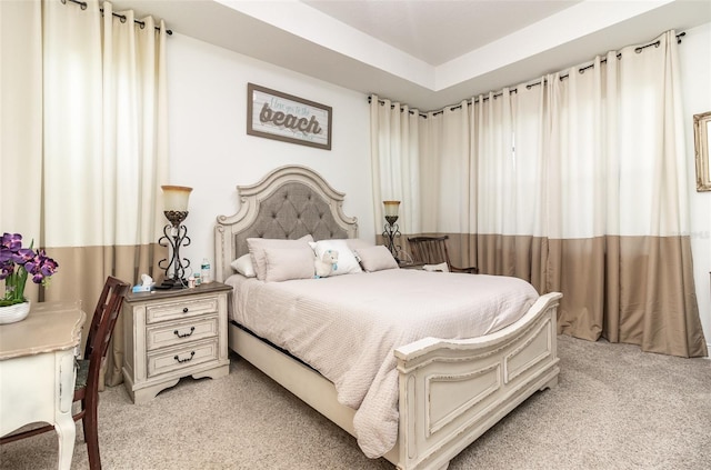 carpeted bedroom featuring a tray ceiling