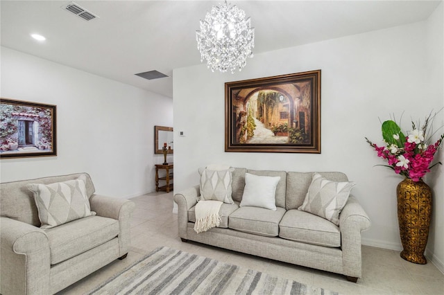 living room with a notable chandelier