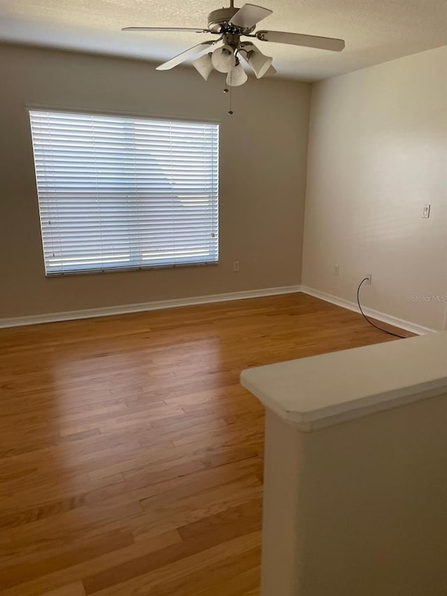 spare room featuring ceiling fan, light hardwood / wood-style floors, and a textured ceiling