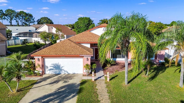 view of front of property with a garage and a front yard