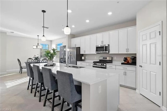 kitchen featuring an island with sink, hanging light fixtures, sink, white cabinetry, and appliances with stainless steel finishes