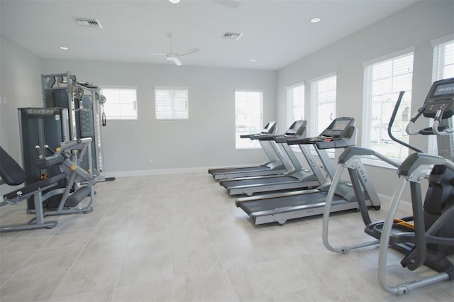 gym featuring ceiling fan and plenty of natural light