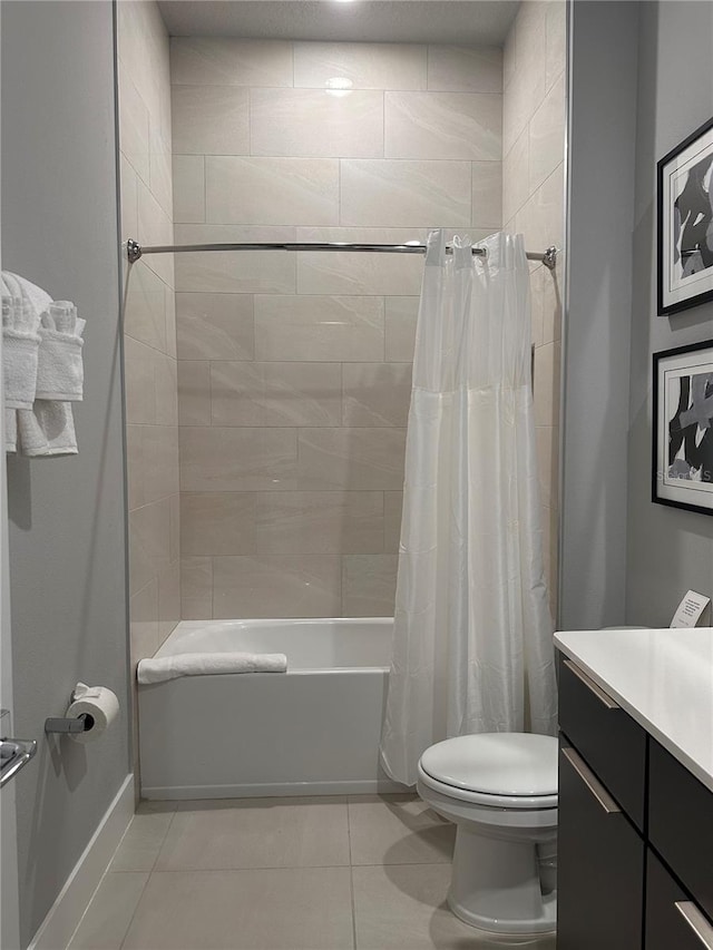 full bathroom with vanity, toilet, shower / bathtub combination with curtain, and tile patterned floors