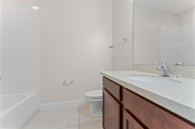 full bathroom featuring tiled shower / bath combo, vanity, tile patterned flooring, and toilet