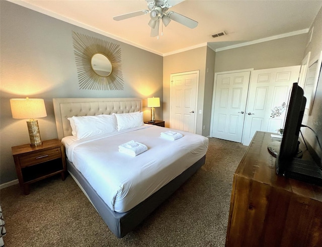 bedroom featuring dark carpet, ceiling fan, and crown molding