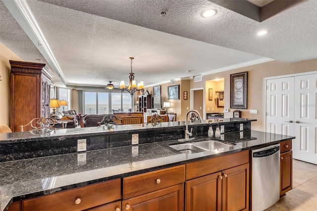 kitchen featuring a sink, brown cabinets, dishwasher, and open floor plan