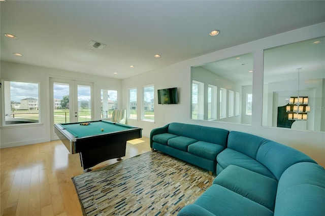 rec room featuring recessed lighting, visible vents, french doors, light wood-style floors, and pool table