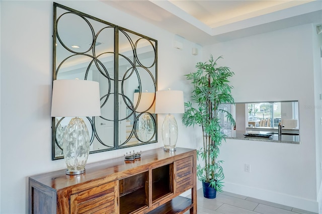 interior details featuring hardwood / wood-style flooring and a tray ceiling