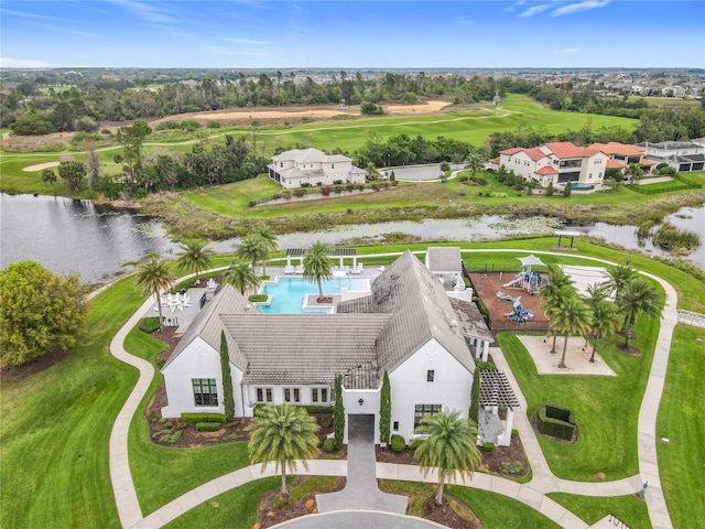 drone / aerial view featuring a water view