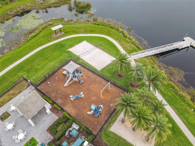 birds eye view of property featuring a water view