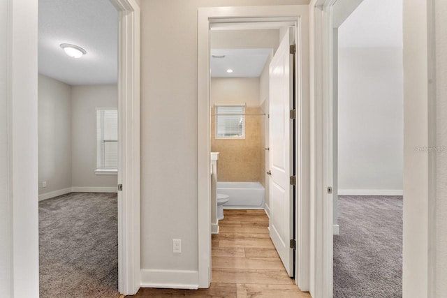 hallway featuring light colored carpet