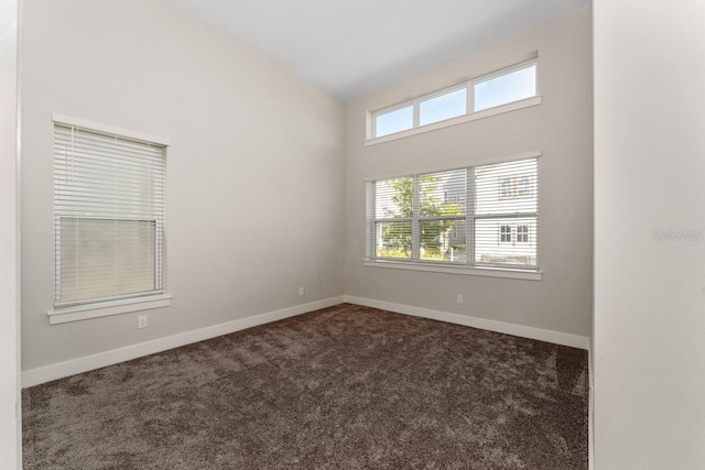 carpeted empty room with a high ceiling