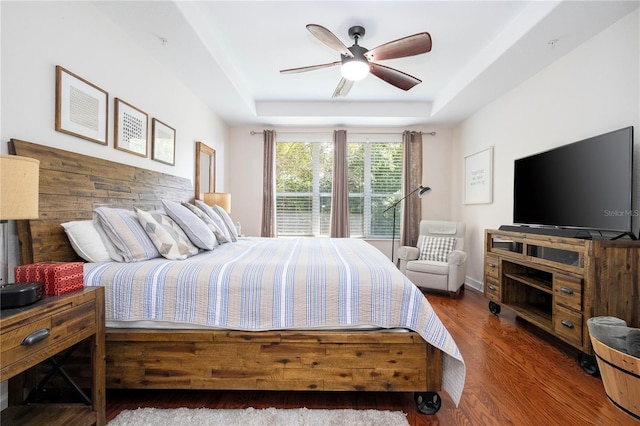 bedroom with a raised ceiling, ceiling fan, and wood finished floors