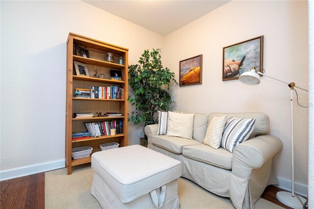 sitting room with baseboards and carpet