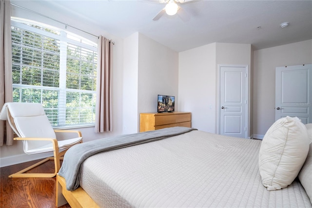 bedroom featuring ceiling fan, hardwood / wood-style flooring, and multiple windows