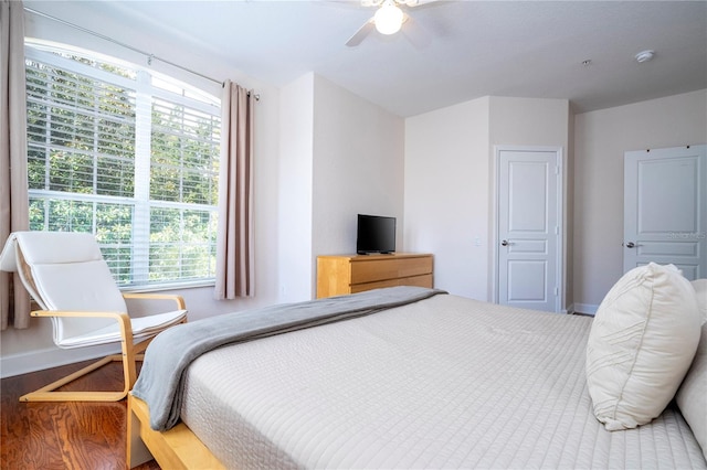 bedroom featuring multiple windows, ceiling fan, and hardwood / wood-style flooring