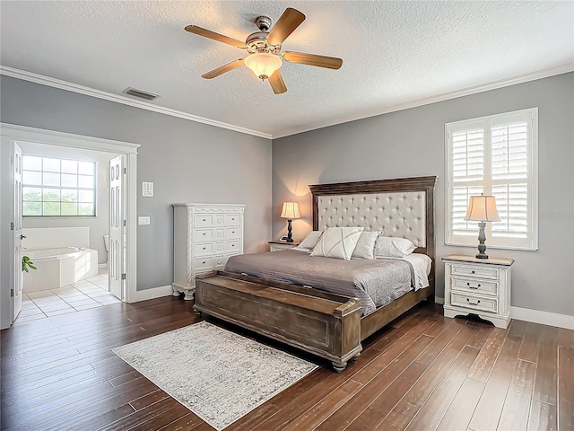 bedroom with a textured ceiling, ceiling fan, ornamental molding, and dark wood-type flooring