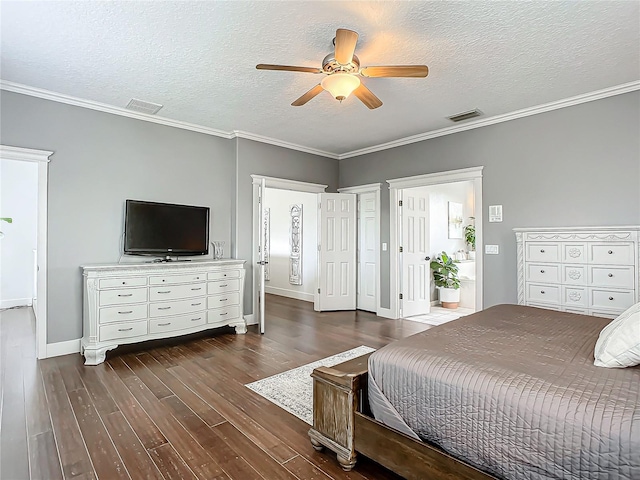 bedroom featuring ceiling fan, dark hardwood / wood-style floors, crown molding, and a textured ceiling