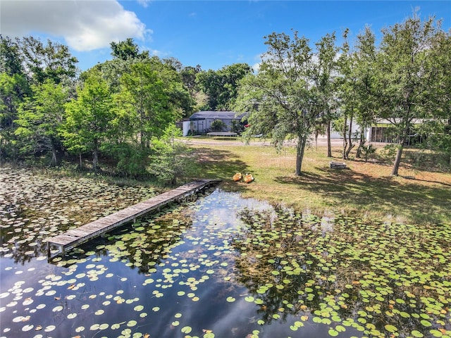 exterior space with a water view and a dock