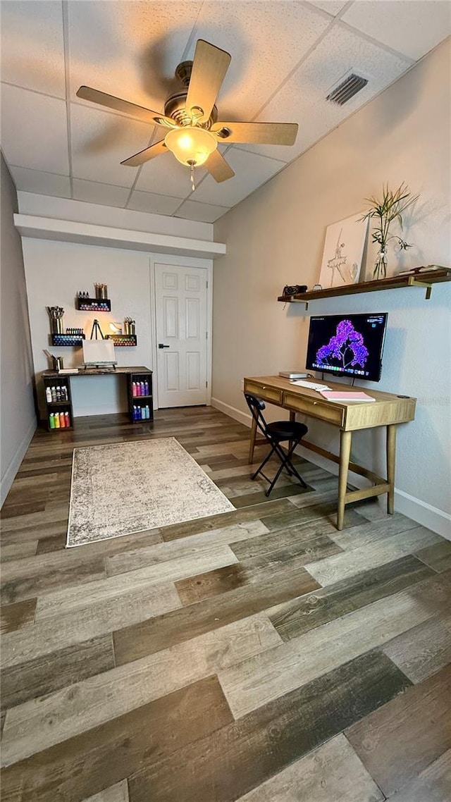 office space featuring ceiling fan and hardwood / wood-style flooring