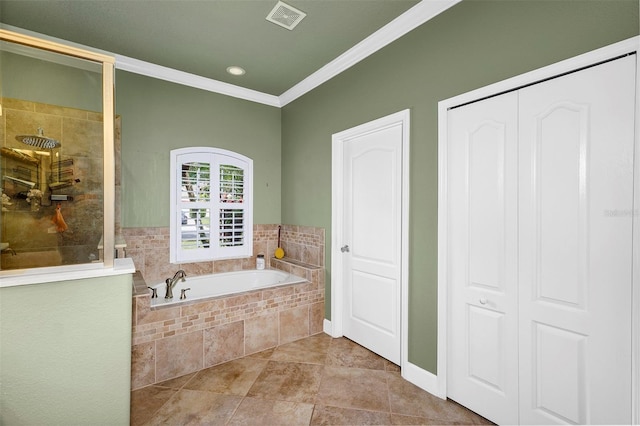 bathroom featuring tile patterned floors, crown molding, and independent shower and bath