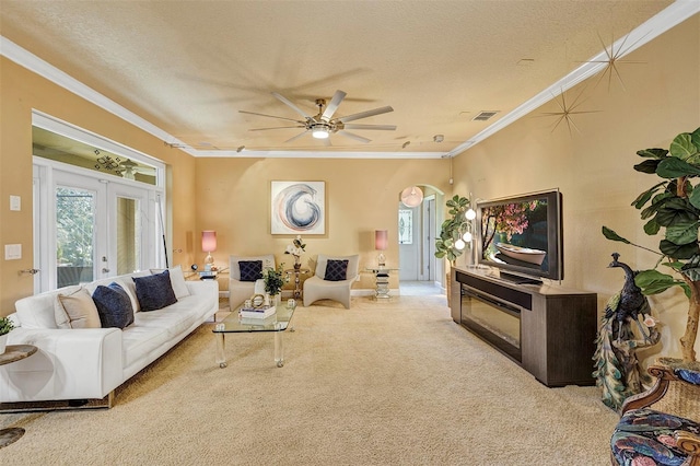 carpeted living room with a healthy amount of sunlight, ornamental molding, a textured ceiling, and french doors