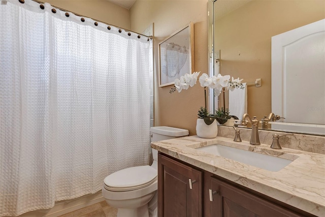 full bathroom featuring tile patterned floors, vanity, shower / tub combo, and toilet