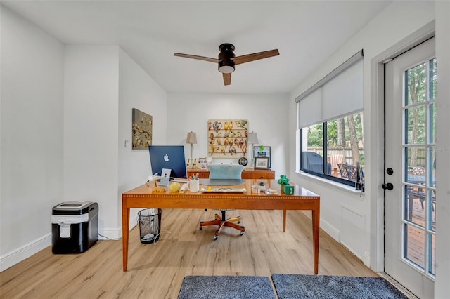 home office with ceiling fan and wood-type flooring