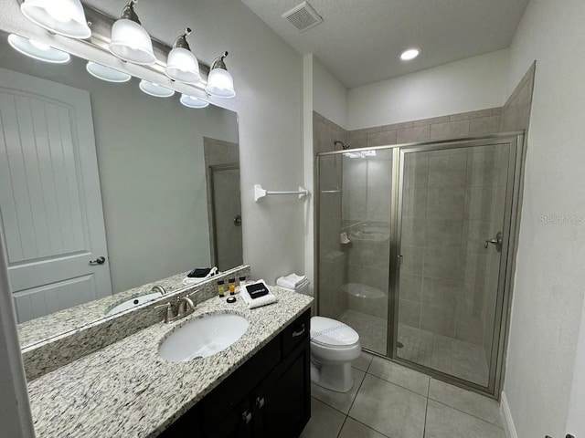 full bathroom with tile patterned flooring, vanity, toilet, a shower stall, and visible vents