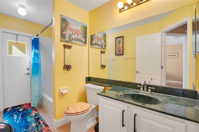 full bathroom featuring shower / bathtub combination with curtain, tile patterned flooring, vanity, and toilet