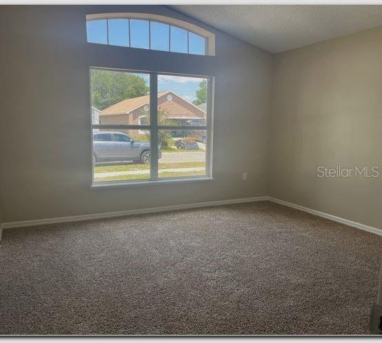 carpeted empty room with a textured ceiling and vaulted ceiling