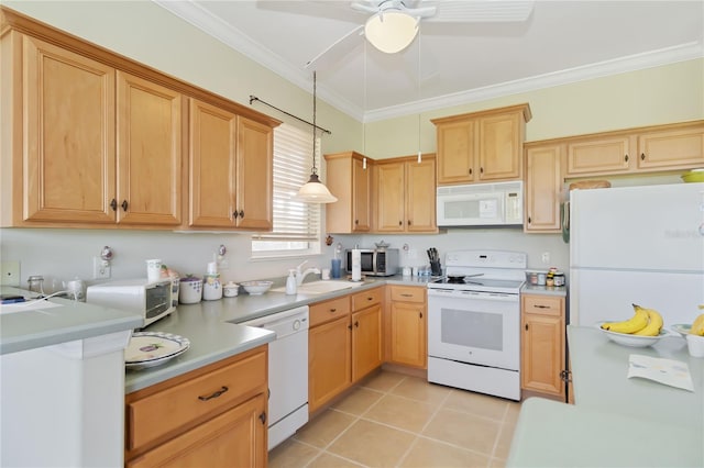 kitchen with pendant lighting, sink, white appliances, crown molding, and ceiling fan