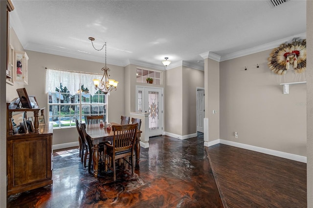 dining area featuring an inviting chandelier, crown molding, dark wood-type flooring, and a textured ceiling