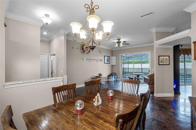 dining room with ceiling fan with notable chandelier, crown molding, and dark hardwood / wood-style flooring