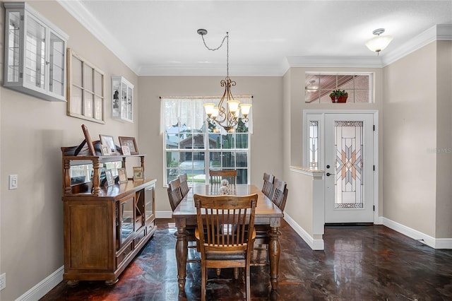 dining area featuring ornamental molding and a chandelier