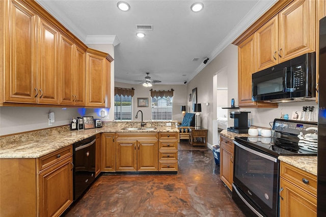 kitchen with kitchen peninsula, black appliances, ceiling fan, ornamental molding, and sink