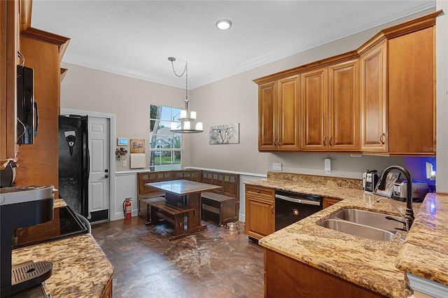 kitchen with black appliances, crown molding, an inviting chandelier, decorative light fixtures, and sink