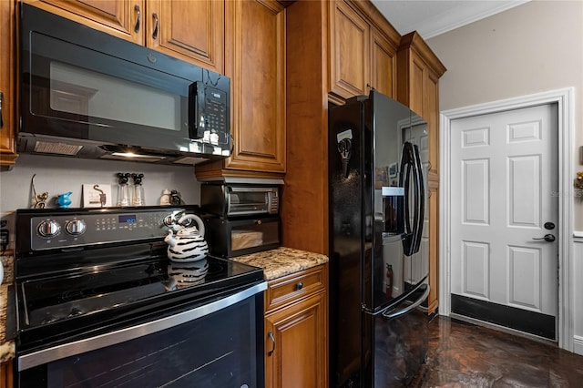 kitchen with light stone countertops, black appliances, and crown molding