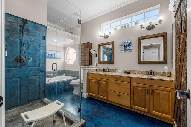 full bathroom featuring shower with separate bathtub, crown molding, concrete flooring, vanity, and toilet