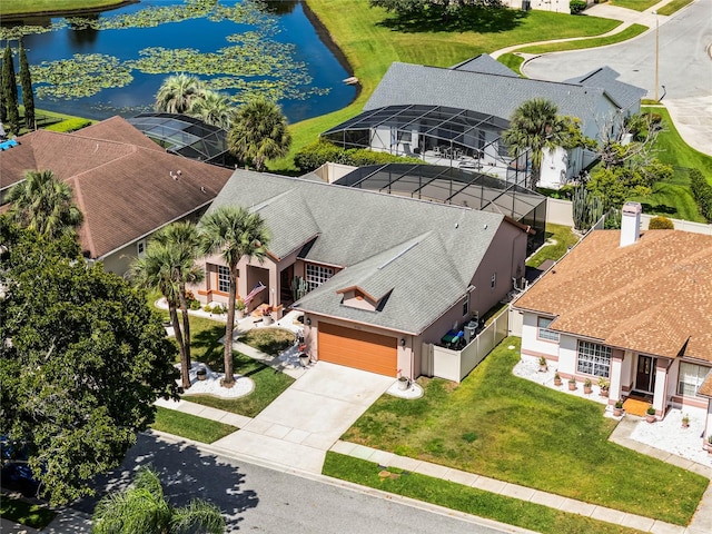 drone / aerial view featuring a water view