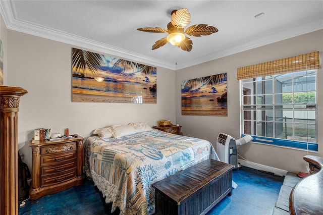 bedroom with carpet floors, ornamental molding, and ceiling fan