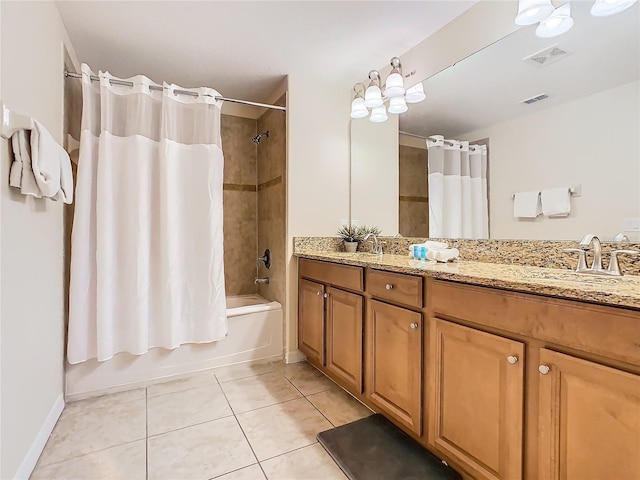 bathroom featuring vanity, tile patterned floors, and shower / tub combo with curtain